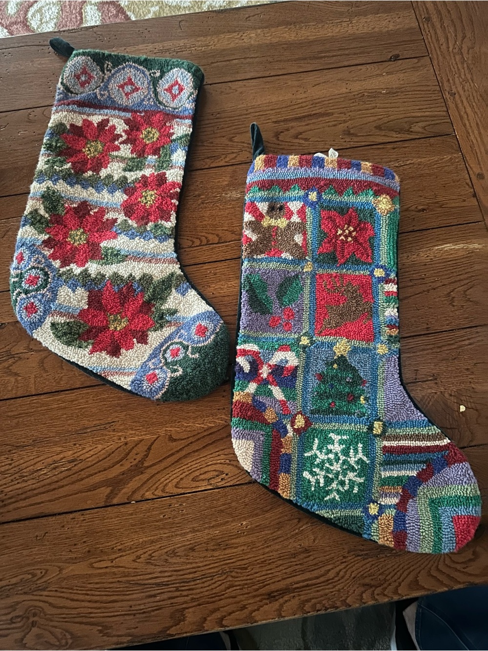 Vintage Hooked Wool Christmas Stockings Set of 2 Poinsettia Reindeer 17”